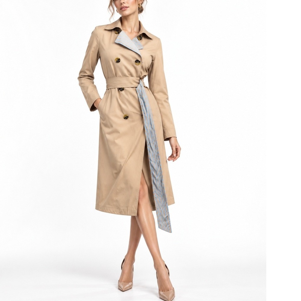 Anthropologie Beige Tan Gingham Trim Double Breasted Trench Coat Belted Small